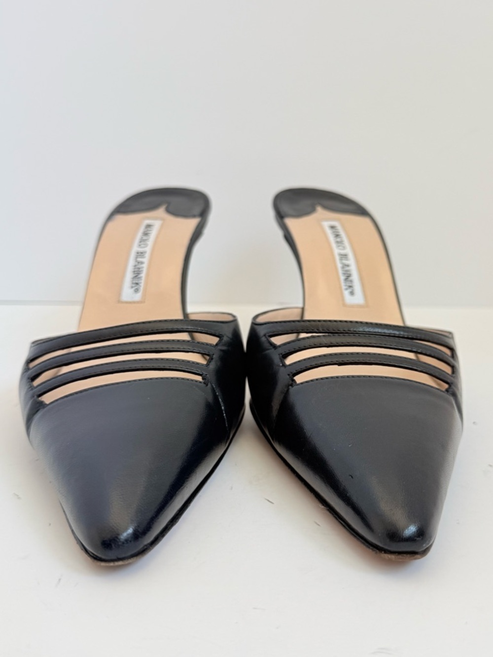 Manolo Blahnik Midnight Dark Navy blue Strappy Mule Heels Pointed Toe EU 37.5 - Picture 7 of 10